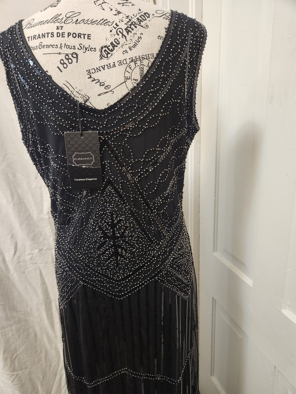 Fundaisy NWT Black Sequin Beaded Embellished Flapper Evening Gown Dress SZ XL - Picture 5 of 16